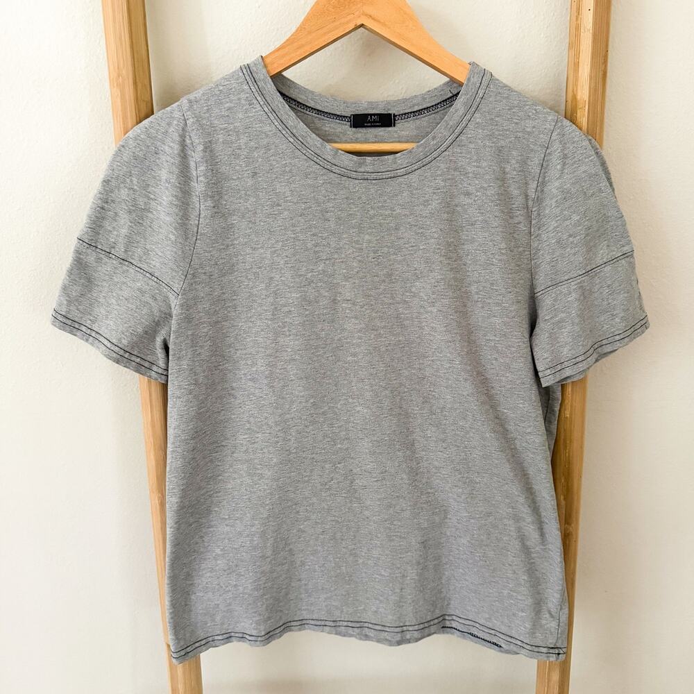 AMI Alexandre Mattiussi T-Shirt Gray Black Contrast Stitch Crew Neck Women’s M